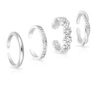 Mikovivi 4 Uds Ajustables Anillos para Dedo de Pie, 4 Estilos Sin Deslustre Diamante Flor Liso Abierto Anillos Mujer Dedo Pie Joyas para Pies de Playa (Plata)