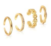 Mikovivi 4 Uds Ajustables Anillos para Dedo de Pie, 4 Estilos Sin Deslustre Diamante Flor Liso Abierto Anillos Mujer Dedo Pie Joyas para Pies de Playa (Dorado)