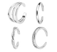 Mikovivi 4uds Anillos para Los Dedos del Pie para Mujeres, Set de Anillos Abiertos Dedos Triple CZ Sencillo Banda Cristal Torcido Joyería Elegante Pies Playa de Verano (Plata)