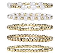 Mikovivi 5 Pulseras de Cuentas Doradas para Mujer, Pulsera Elástica de Perlas Chapadas en Oro Delicado Conjunto Joyas con Cuentas Elásticas Accesorios Moda Bohemios