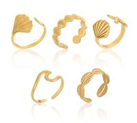 Mikovivi 5uds Anillos Concha Dorada para Mujer, Elegantes Ajustables Diseño Playero Estilo Oceánico Conchas Olas y Estrellas Mar Como Regalo y Accesorios Decoración para Verano Uso Diario Playa