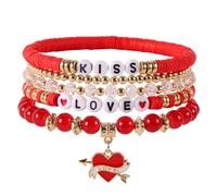Mikovivi 5uds Set de Pulseras San Valentin, Pulsera de Cuentas Apilables Rojas y Doradas Conjunto Joyería con Dije Corazón Rojo para Ella Regalo San Valentín Regalo para Enamorados