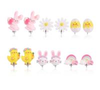 Mikovivi 6 Pares Aretes Pinza para Niñas, Aretes Pinza Niños con Diseño Conejo Arcoíris Margarita Pollito Joyas Disfraces para Niñas Pequeñas Juego Simulación Regalo Fiesta