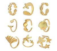 Mikovivi 9uds Anillos Estrella Mar Concha, Juego de Anillos Ajustables con Temática Marina Joyería Delicada Estilo Playero para Uso Diario Mujer (Color Dorado)