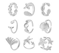 Mikovivi 9uds Anillos Estrella Mar y Concha, Juego de Anillos Ajustables con Temática Marina Joyería Delicada Estilo Playero para Uso Diario Mujer (Color Plata)