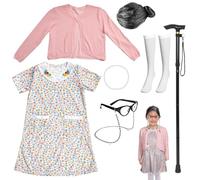 Mikovivi Disfraz de Anciana para Niña, 8uds Niños Disfraz de Abuela con Peluca Vestido Cárdigan Gafas Collar Muletas Calcetines Hasta Rodilla Disfraz de 100 Días de Colegio para Niños(5 a 7 Años)