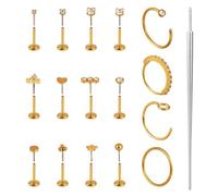 Mikovivi Juego de aros y aretes dorados para la nariz, acero inoxidable, parte trasera plana, sin rosca, aros de nariz con circonita cúbica, cartílago, hélice, tragus, fosa nasal, piercing para