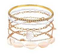 Mikovivi Juego de Tobilleras Cuentas para Mujer, Tobilleras Ajustables de Estilo Bohemio Dorado Playa con Concha Perla y Dijes Disco Joyería Hawaiana para el Pie