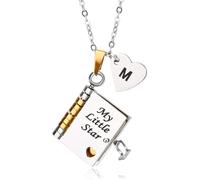 Mikovivi Mi Pequeño Collar de Libro de Estrellas, Collar con Colgante Libro Personalizado Iniciales AZ Grabable y Que se Abre con 7 Páginas Ajustable Ideal Como Regalo Mamá y Papá (Estilo M)