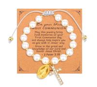 Mikovivi Pulsera de Primera Comunión, Regalo Bautismo Pulsera Perlas la Virgen María con Dije de Cruz Cuerda Ajustable Joyería Confirmación Católica para Ahijadas y Mujeres