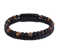 Mikovivi Pulsera Elástica de Ojo de Tigre con Piedra Natural, Cuero Negro con Cuentas Protectoras Ideal para Meditar Regalo Cumpleaños o Navidad