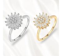 Mikqky 2 Piezas Anillo Girasol, Ansiedad Girasol Anillo, Anillo Giratorio de Girasol de Tamaño Ajustable, Anillo de Girasol con Circonita Cúbica, Anillos de Girasol para Mujer(Oro + Plata)