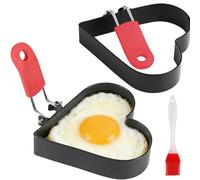 Mikqky 2 Piezas Anillos de Huevo en Forma de Corazón con Mango Resistente al Calor y Cepillo de Aceite, Anillos de Huevo de Acero Inoxidable, Moldes para Cocinar Huevos Fritos, Panqueques, Omelettes