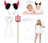 Mikqky 4 Piezas Accesorios De Disfraces De Ángeles y Demonios Demonio Diadema, Diadema De Cuernos De Diablo, Juegos De Diademas con Cuernos De Ángel, Orejas De Diablo, Diadema De Halo Ángel Blanco