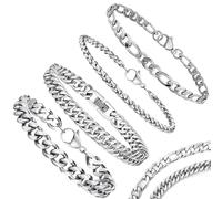 Mikqky 4 Piezas Pulsera Para Hombre De Cadena Cubana, Pulsera Cadena Cubana De Acero Inoxidable, Pulsera De Cadena Horsebit Para Hombre, Pulsera De Cadenas 21 Cm(Plata)
