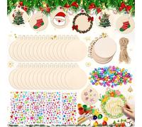 Mikqky 40 Piezas Bolas Redondas Madera para Colgar Adornos Navidad, Colgantes De Madera para Pintar, Discos De Madera, Discos De Madera Sin Acabado, Traer 40 x Campanas, 4 x Pegatinas, 4 x Cordel