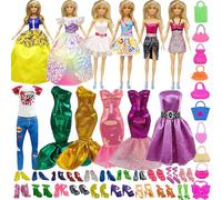Mikqky 43 Piezas Accesorios De Vestir para Muñecas, 2 Vestido De Fiesta De Muñeca, 5 Mini Vestidos, 4 Vestidos De Sirena, 1 Camiseta, 1 Par De Pantalones, 20 Pares De Tacones, 10 Bolsos De Muñecas