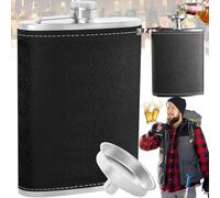 Mikqky Petaca De Bolsillo De Acero Inoxidable Negra, Petaca De Cuero con Embudo, Frasco De Cadera De 8 Onzas, Petacas De Alcohol, Whisky Portátil Flask, Para Viajes, Montañismo, 3,7 x 4,8 Pulgadas