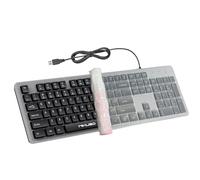 MIKUSO Teclado con cable de tamaño completo con cubierta antipolvo, teclas grabadas con láser negro y gris (no se decoloran), teclado USB de oficina para Windows PC, soporte integrado, diseño
