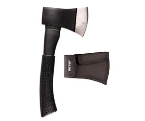 Mil-Tec Hacha de acero con bolsillo para la cabeza • Mango de goma • Hacha pequeña para camping, exterior, supervivencia, caza, trekking, jardín • Hacha de madera • Hacha exterior • Equipo de