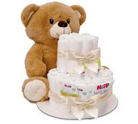 MilaBoo® Tarta de pañales beige con oso de peluche grande I Regalo recién nacido de alta calidad con pañales y productos de Hipp (beige grande)
