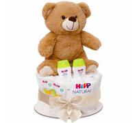 MilaBoo® Tarta de pañales beige con oso de peluche pequeño I regalo recién nacido de alta calidad con pañales y productos de Hipp (beige pequeño)