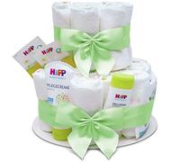 MilaBoo® Tarta de pañales de 2 niveles neutral con productos premium de HIPP I Regalo personal para bebés para bautizos y baby showers (verde)
