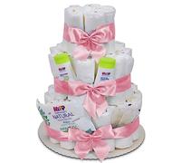 MilaBoo® Tarta de pañales de 3 pisos con productos premium, regalo para nacimiento (3 pisos rosa)