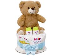 MilaBoo Tarta de pañales rosa para niña con oso de peluche grande I Regalo para recién nacidos con pañales y productos de Hipp I Regalo personal para el nacimiento