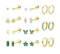 MILACOLATO 11 Pares Pendientes Mujer Acero Inoxidable Hipoalergénicos Pendientes Dorados Mujer Durmientes de Acero Quirúrgico 316L Pendientes de Cartílago CZ Verde Pendientes Piercing Oreja Mujer-G