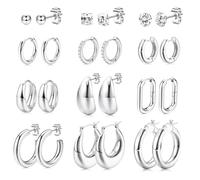 MILACOLATO 12 Pares Pendientes de Aro Chapado en Plata | Pendientes Hipoalergénicos Huggie y Stud para Mujer y Niña con Zirconia Cúbica | Piercing de Oreja y Cartílago