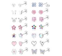 MILACOLATO 14 Pares Pendientes Mujer Plata Pendientes Hipoalergénicos Acero Inoxidable Mujer Niñas Pendiente con Espalda Tuerca Plana con Rosca Regalo de Joyería Multicolor Rosa-Flat