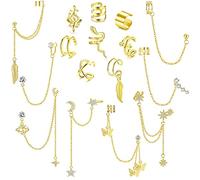 MILACOLATO 16 Uds Pendientes Mujer Ear Cuff de Manguito de Oreja, Pendientes de Cadena con Clip en Cartílago de Hélice Pendiente de Manguito Envolvente no Perforado Ajustable Oro
