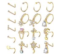 MILACOLATO 18Pcs 20G Piercing Nariz Acero Quirurgico para Mujeres Hombres Pendientes para Nariz Pavimentado CZ Estrella Redonda Stud L Forma Flor Aro Abierto 8mm Plata Concha Cartílago Oro