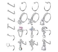 MILACOLATO 18Pcs 20G Piercing Nariz Acero Quirurgico para Mujeres Hombres Pendientes para Nariz Pavimentado CZ Estrella Redonda Stud L Forma Flor Aro Abierto 8mm Plata Concha Cartílago Plata