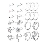 MILACOLATO 22Pcs 20G Nose Ring Stud Para Mujeres Hombres Acero Inoxidable Pavimentado CZ Round Star Nose Stud L Shape Flower Open Hoop 8mm Silver Nostril Conch Cartílago Daith Piercing Jewellery Set