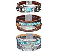 MILACOLATO 3 Piezas Pulseras Envolventes de Cuero para Mujeres, Hombres Pulseras Envolventes Boho Brazalete de Cuero, Pulseras de Cuentas Pulseras Apilables del Oeste (Turquesa)