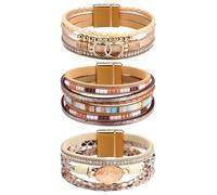 MILACOLATO 3 Piezas Pulseras Envolventes de Cuero para Mujeres, Hombres Pulseras Envolventes Boho Brazalete de Cuero, Pulseras de Cuentas Pulseras Apilables del Oeste (Oro)