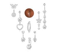 MILACOLATO 8Pcs Perforador de Ombligo de cobre y Acero Inoxidable | color plata Clicker Flor Corazón Mariposa Colgante Ombligo Anillos de Ombligo Set para Mujeres Niñas Blanco