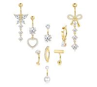 MILACOLATO 9 Piezas Piercing Ombligo Acero Quirurgico 14G Piercing Ombligo Dorado Colgante Clicker Corazón Mariposa Circonita Cúbica Conjunto de Piercings para Mujeres-G-Blanco