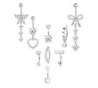 MILACOLATO 9 Piezas Piercing Ombligo Acero Quirurgico 14G Piercing Ombligo Dorado Colgante Clicker Corazón Mariposa Circonita Cúbica Conjunto de Piercings para Mujeres-S-Blanco
