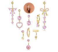 MILACOLATO 9 Piezas Piercing Ombligo Acero Quirurgico 14G Piercing Ombligo Dorado Colgante Clicker Corazón Mariposa Circonita Cúbica Conjunto de Piercings para Mujeres-G-Rosa