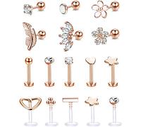 MILACOLATO Forward Helix Cartílago Tragus Pendientes Stud Acero inoxidable Transparente Labio Nariz Anillos Labret Studs CZ Flores Hoja Ópalo Barbell Helix Cartílago Pendiente Piercing Jewelry 16G