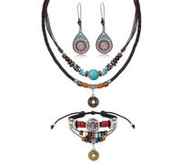 MILACOLATO Joyería Bohemia Multicapa Turquesa Larga Gargantilla Collar Pendientes Colgantes Cuerdas de Cáñamo Cuentas Cuero Gargantilla Wrap Pulsera Western Native American Jewelry Set para Mujer