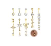 MILACOLATO Lote de 8 Piercing Ombligo - 3 Barras Cortas + 5 Colgantes, Acero Quirúrgico Hipoalergénico, Oro y Plata, Joyas de Ombligo para Mujer (Corazón Mariposa Flor Estrella)-G