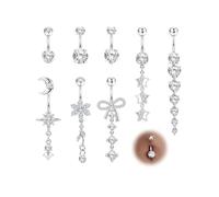 MILACOLATO Lote de 8 Piercing Ombligo - 3 Barras Cortas + 5 Colgantes, Acero Quirúrgico Hipoalergénico, Oro y Plata, Joyas de Ombligo para Mujer (Corazón Mariposa Flor Estrella)-S