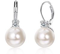 Milacolato Pendientes Colgantes de Perlas Plata 925 Para Mujer - Chapados en Oro Blanco 18 Quilates Con Circonita Cúbica - Grandes