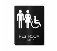 Milageto Letrero de Baño Señalización para Puerta Señal de Aseo Placa para Inodoro Diseño Braille de Acero Inoxidable con Acabado Cepillado Adecuado para Negocios, Negro, Estilo A