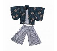 Milageto Outfit Muñeca 1/12 Estampado Traje Japonés Muñeca Estilo Edo Conjunto Tradicional , Verde Azulado, Blanco , Kimono con Flores Y Pantalón Corto A Rayas