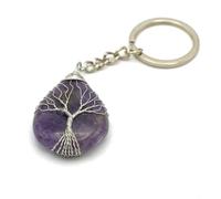 Milagros Minerales Llavero Piedra Natural Árbol de la Vida | Producto Artesanal| Fabricación francesa| Bienestar| Litoterapia, Gota De Agua Árbol de la Vida| Amatista de Brasil, Talla única